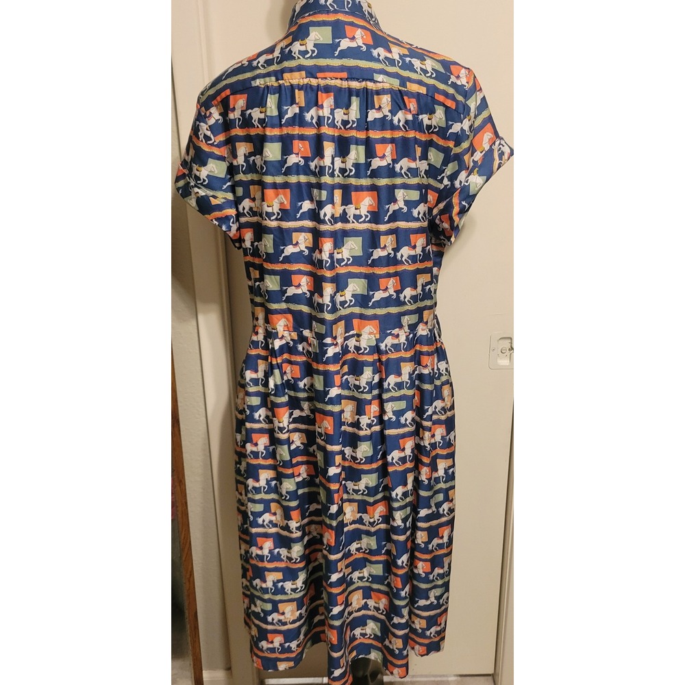 Palava Carousel Horse Print Tencel Midi Dress Blue Orange Button Front Sz 16 - Picture 4 of 9